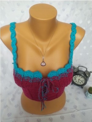 Mam Shop Crop Top Büstiyer Vişne -Mavi Renk Handmade