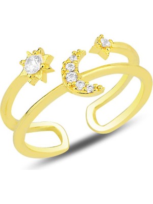 Söğütlü Silver Gümüş Altın Yaldızlı Zirkon Taşlı Ay ve Güneş Modeli Ayarlamalı Yüzük