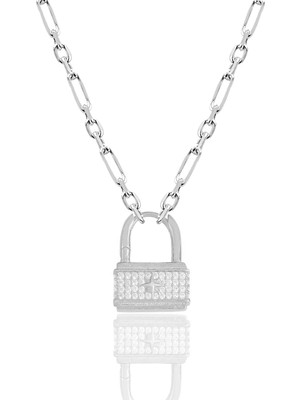 Söğütlü Silver Gümüş Rodyumlu Zirkon Taşlı Figaro Zincirli Kilit Kolye