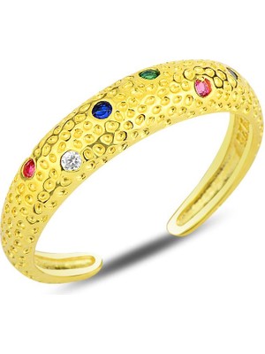 Söğütlü Silver Gümüş Altın Yaldızlı Renkli Taşlı Modern Tasarımlı Ayarlamalı Yüzük