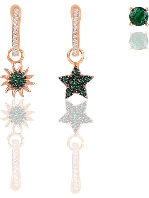 Söğütlü Silver Gümüş Rose Yeşil Taşlı Yıldız, Güneş ve Tektaşlı Kombin Küpe