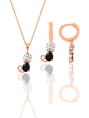Söğütlü Silver Gümüş Rose Zirkon Taşlı Özel Tasarım Kedi Kolye ve Küpe Ikili Set