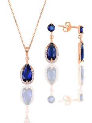 Söğütlü Silver Gümüş Rose Safir Taşlı Damla Modeli Kolye ve Küpe Ikili Set
