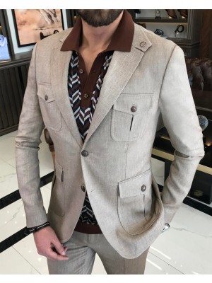 Terzi Adem Italyan Stil Slim Fit Keten Pamuk Karışımlı Safari Ceket Pantolon Takım Elbise Camel T9571