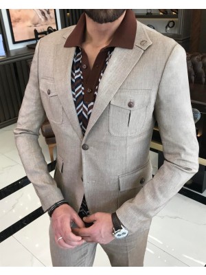 Terzi Adem Italyan Stil Slim Fit Keten Pamuk Karışımlı Safari Ceket Pantolon Takım Elbise Camel T9571