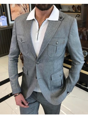 Terzi Adem Italyan Stil Slim Fit Keten Pamuk Karışımlı Safari Ceket Pantolon Takım Elbise Gri T9572