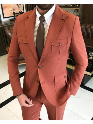 Terzi Adem Italyan Stil Slim Fit Yün Karışımlı Likralı Safari Ceket Pantolon Takım Elbise Kiremit T9577