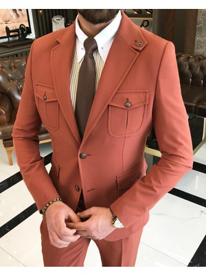 Terzi Adem Italyan Stil Slim Fit Yün Karışımlı Likralı Safari Ceket Pantolon Takım Elbise Kiremit T9577