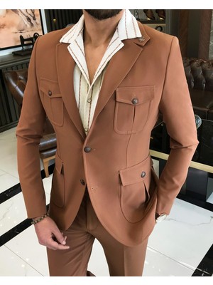 Terzi Adem Italyan Stil Slim Fit Yün Karışımlı Likralı Safari Ceket Pantolon Takım Elbise Camel T9581