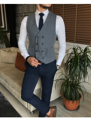 Terzi Adem Italyan Stil Erkek Slim Fit Mavi Cepken Yelek T6406