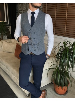 Terzi Adem Italyan Stil Erkek Slim Fit Mavi Cepken Yelek T6406
