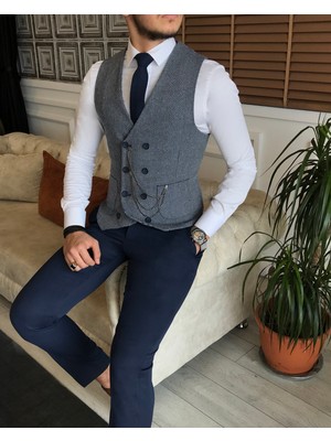 Terzi Adem Italyan Stil Erkek Slim Fit Mavi Cepken Yelek T6406