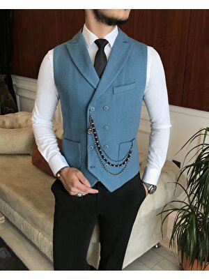 Terzi Adem Italyan Stil Erkek Kışlık Kruvaze Kaşe Cepken Yelek Mavi T6383