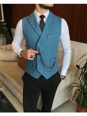 Terzi Adem Italyan Stil Erkek Kışlık Kruvaze Kaşe Cepken Yelek Mavi T6383