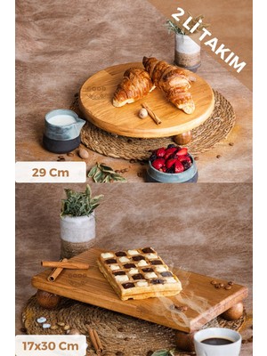 Justwood Justwood 2 Li Risus Top Ayaklı 29 Cm Ve 17x30 Cm Ahşap Dikdörtgen Pasta Sunum Servis Tabağı Seti