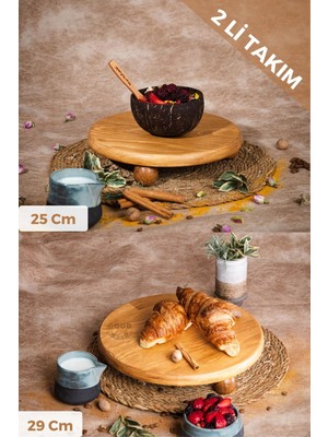 Justwood Justwood 2 Li Risustop Ayaklı 25 Cm Ve 29 Cm Ahşap Yuvarlak Pasta Sunum Servis Tabağı Seti