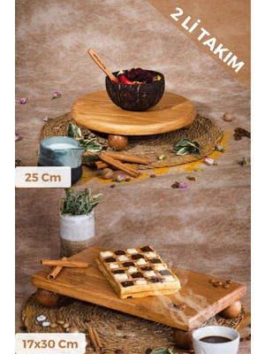 Justwood Justwood 2 Li Risus Top Ayaklı 25 Cm Ve 17x30 Cm Ahşap Dikdörtgen Pasta Sunum Servis Tabağı Seti