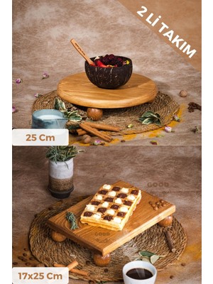 Justwood Justwood 2 Li Risus Top Ayaklı 25 Cm Ve 17x25 Cm Ahşap Dikdörtgen Pasta Sunum Servis Tabağı Seti
