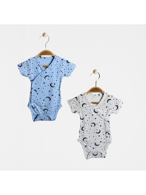 Babejix Baskılı  Pamuklu Mavi – Ekru Kısa Kollu Kruvaze Çıtçıtlı Erkek Bebek 2’li Body 0-3 Ay / 3-6 Ay