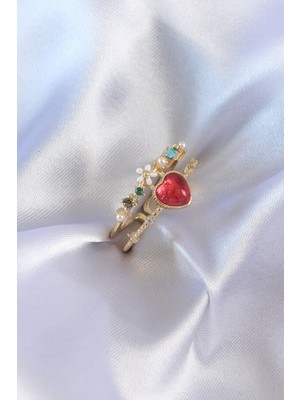 Stil Love Gold Renk Kırmızı Zirkon Taş Kalp Model Pirinç Kadın Yüzük