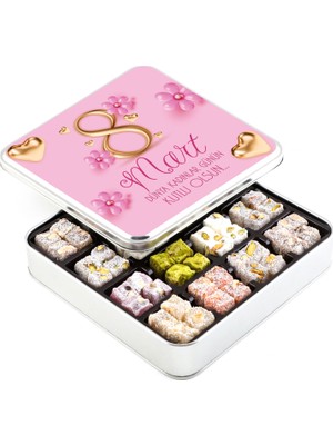 Kadınlar Günü Hediyesi Karışık Çifte Kavrulmuş Lokum (Metal Kutu) Model 1