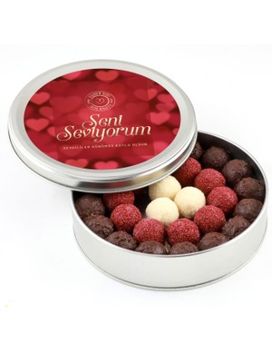Sevgililer Günü Hediyesi Karışık Special Truffle Çikolata (Yuvarlak Metal Kutu) - Kırmızı