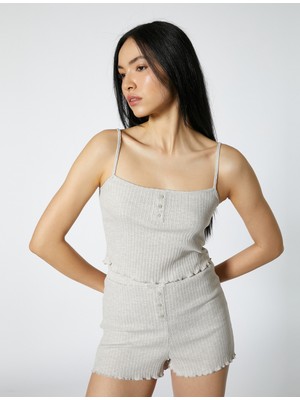 Koton Askılı Pijama Üstü Crop Düğmeli Fitilli