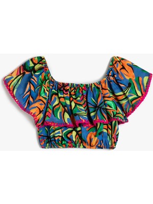 Koton Crop Bluz Kolsuz Açık Omuz Fırfırlı Floral Desenli