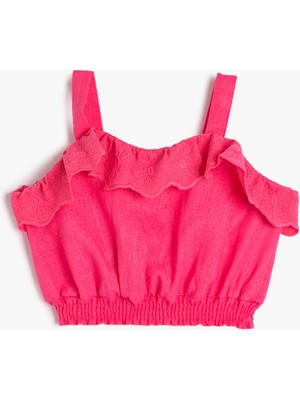 Koton Keten Crop Bluz Slim Askılı Beli Lastikli Fırfırlı