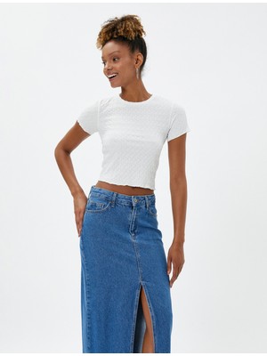 Koton Crop Tişört Basic Dokulu Bisiklet Yaka Pamuklu