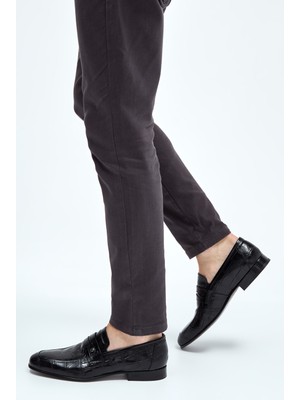 Tamer Tanca Erkek Deri Makosen Ayakkabı 183 26201 Kroko Siyah Kösele Tabanlı Rahat Loafer