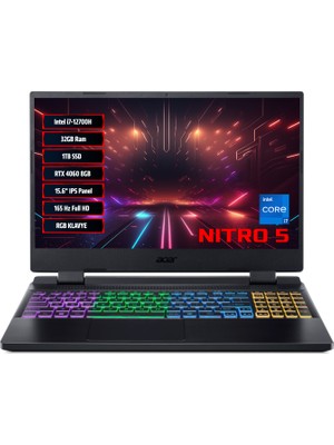 Acer Nitro 5 AN515-58 Intel Core I7 12700H 32 GB 1 Tb SSD RTX4060 8 GB Freedos 15.6" Fhd 165Hz Taşınabilir Bilgisayar, NH.QM0EY.008