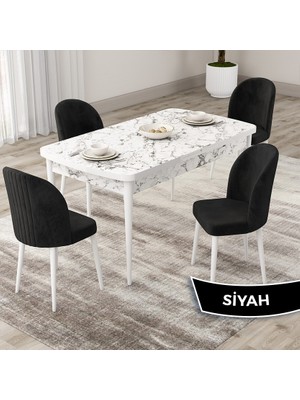 Canisa Concept Roe Serisi Açılabilir 80X132 Beyaz Mermer Desen Mutfak Masası Takımı ve 4 Sandalye