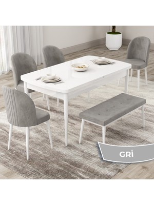 Canisa Concept Roe Serisi Açılabilir 80X132 Beyaz Mutfak Masası Takımı 4 Sandalye 1 Bench