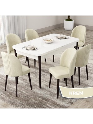 Canisa Concept Roe Serisi Açılabilir 80X132 Beyaz Masa Ceviz Ayak Mutfak Masası Takımı ve 6 Sandalye