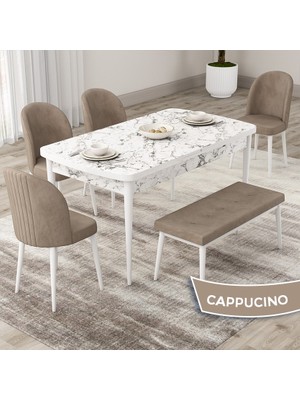 Canisa Concept Roe Serisi Açılabilir 80X132 Beyaz Mermer Desen Mutfak Masası Takımı 4 Sandalye 1 Bench