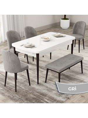 Canisa Concept Roe Serisi Açılabilir 80X132 Beyaz Masa Ceviz Ayak Mutfak Masası Takımı 4 Sandalye 1 Bench