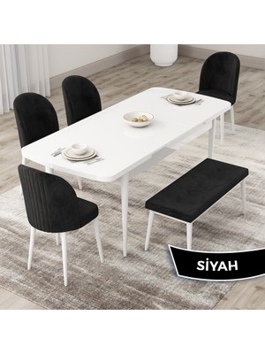 Canisa Concept Roe Serisi Açılabilir 80X132 Beyaz Mutfak Masası Takımı 4 Sandalye 1 Bench