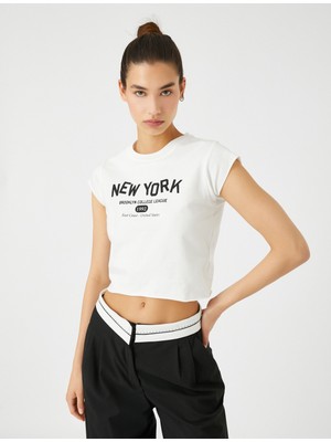 Koton Crop Tişört New York Baskılı Kısa Kollu Bisiklet Yaka