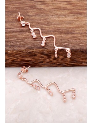 Rose Gümüş Taşlı Zigzag Tasarımlı Küpe 2156