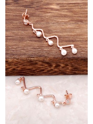 İnci Taşlı Rose Gümüş Zigzag Tasarım Küpe 2154