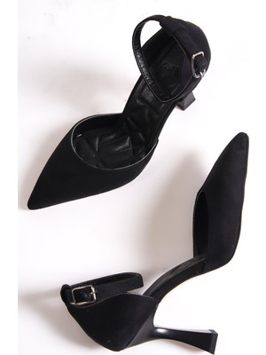 Modabuymus Lopez Siyah Süet Stiletto Bilekten Bantlı Topuklu Ayakkabı
