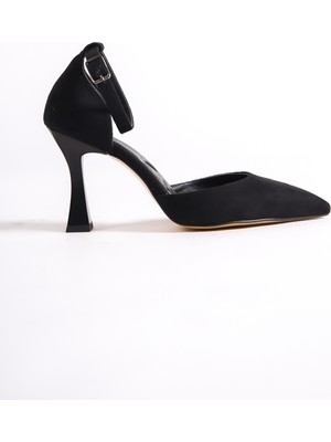 Modabuymus Lopez Siyah Süet Stiletto Bilekten Bantlı Topuklu Ayakkabı