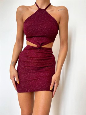 Moda Diyala Bordo Halter Yaka Bağlama Detaylı Slim Mini Elbise