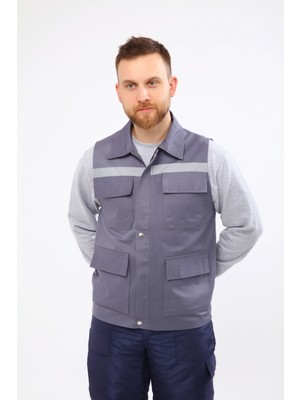 Çamdalı İş Elbiseleri 16/12 Gri Gabardin Çok Cepli Reflektörlü İşçi Yeleği XXL