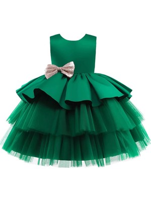 Miço Kids Yeşil  Amerikan Saten Kız Çocuk Elbise - Kat Kat Tüllü Abiye Elbise