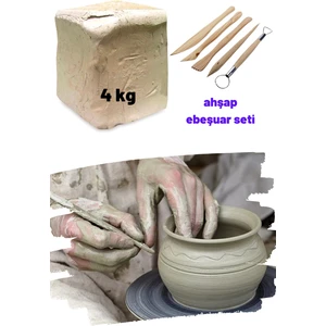 4 kg Beyaz Seramik Hamuru, Ahşap Ebeşuar Seti, 4000 gr Kil Çamuru, Doğal Hobi Oyun Çamuru