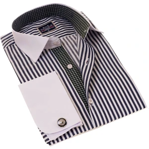 Exve Exclusive Lacivert Beyaz Çizgili Yaka ve Manşet Içi Baskı Detaylı Fransız Duble Manşet Kol Düğmeli Gömlek