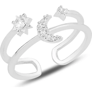 Söğütlü Silver Gümüş Rodyumlu Zirkon Taşlı Ay ve Güneş Modeli Ayarlamalı Yüzük