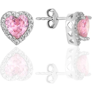 Söğütlü Silver Gümüş Rodyumlu Pembe Taşlı Pırlanta Montürlü Kalp Modeli Küpe